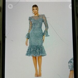 Mac Duggal Long Sleeve Lace Dress in Blue